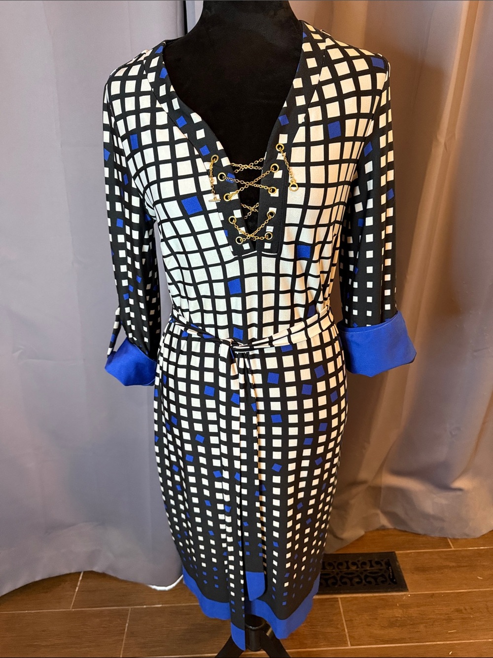 Black & Blue Geometric Lace-Up Women's Dress. Worn Once.